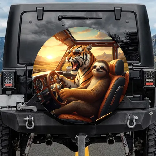 Roaring Tiger Sloth Driving Luxury Car - Golden Hour Adventure Gift Spare Tire Cover