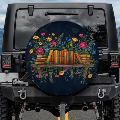 Rustic Bookshelf Vintage Books Wildflowers Foliage - Home Decor Gift for Book Lover Spare Tire Cover