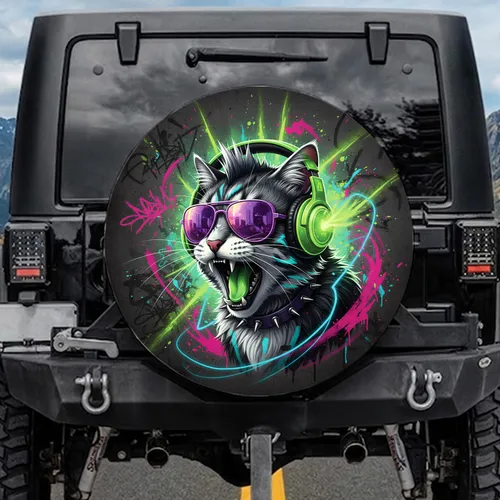 Roaring Neon Cat Purple Sunglasses - Punk Rocker Car Decor for Music Fan Spare Tire Cover