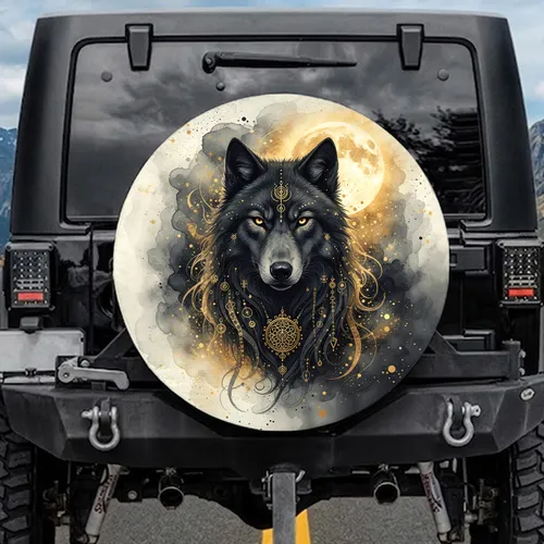 Black Wolf Head Ornate Golden Medallion Full Moon - Wolf Lover Decor Gift Spare Tire Cover