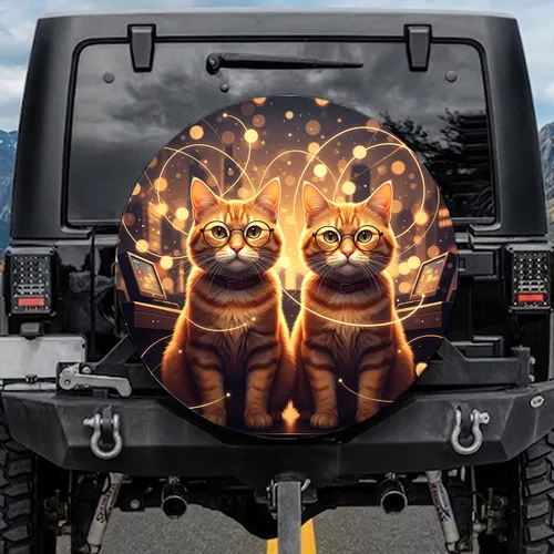 Ginger Tabby Cats Glasses Warm Cityscape - Cat Lover Gift Spare Tire Cover