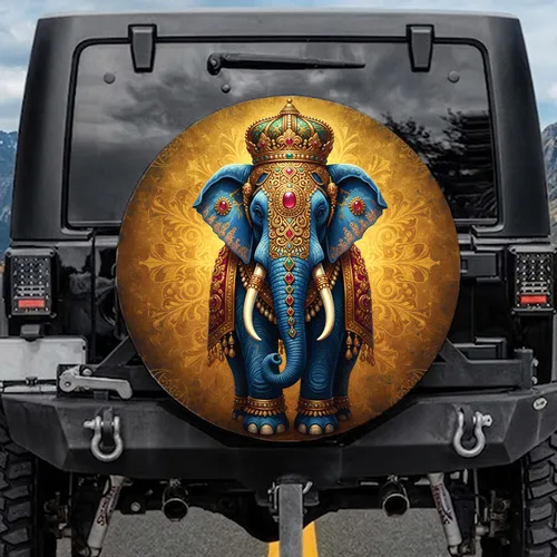 Royal Blue Elephant Gold Jewel Crown Regalia - Luxury Decor Gift for Elephant Lover Spare Tire Cover