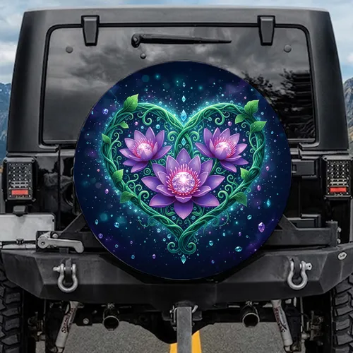 Radiant Purple Lotus Emerald Vines Heart - Spiritual Decor Gift Spare Tire Cover
