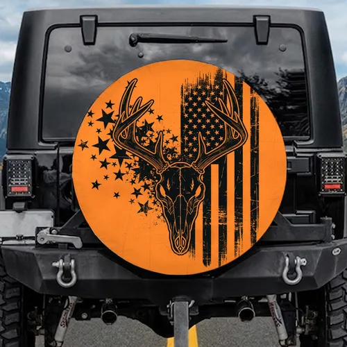 Black Deer Skull American Flag - Patriotic Decor Gift Spare Tire Cover