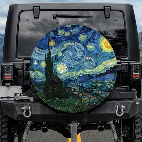 Crescent Moon Village Night Sky Cypress Tree - Dreamlike Decor Gift Spare Tire Cover