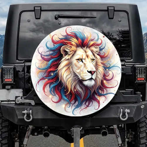 White Lion Head Golden Eyes Flowing Mane - Regal Wildlife Animal Lover Decor Gift Spare Tire Cover