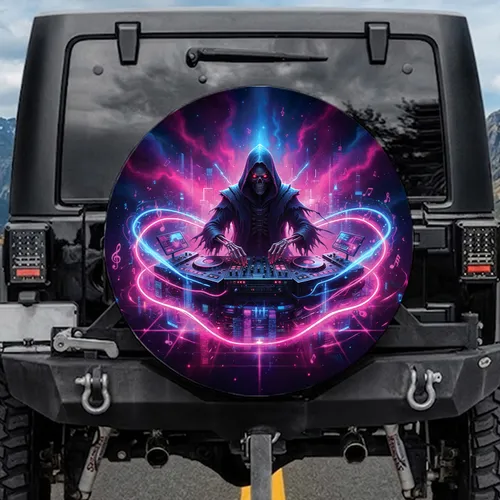 Cloaked Skeletal Figure Futuristic DJ Console Neon Sound Waves - Music Lover Gift Spare Tire Cover