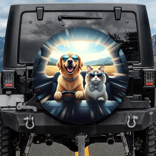 Golden Retriever Ragdoll Cat Driving Sunglasses - Pet Lover Road Trip Gift Spare Tire Cover