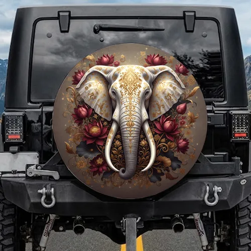 White Elephant Head Golden Lotus Flowers Bronze Foliage - Opulent Decor Wildlife Lover Gift Spare Tire Cover