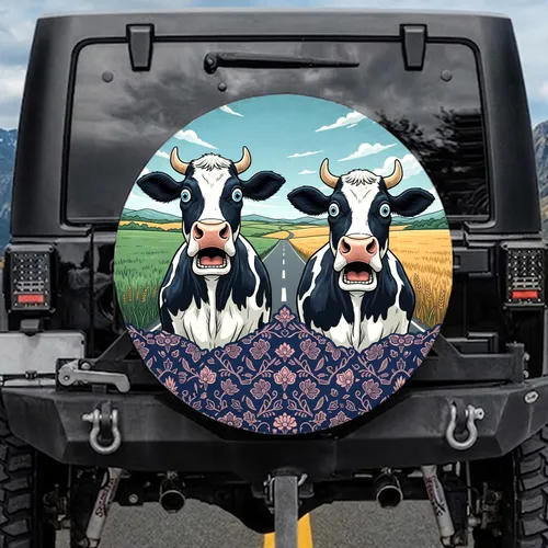 Surprised Holstein Cows Road Landscape Farmhouse Decor Gift for Cow Lover Spare Tire Cover
