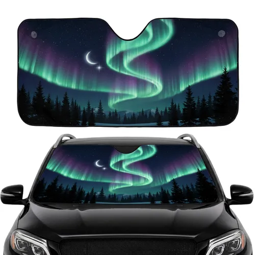Aurora Borealis Crescent Moon Pine Trees Cosmic Night Sky - Nature Lover Gift Car Sunshade