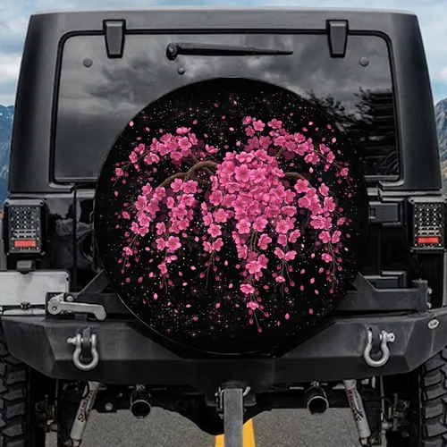 Pink Cherry Blossoms Black Night Sky Starlight - Botanical Decor Gift for Nature Lover Spare Tire Cover