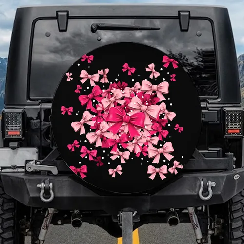 Pink Fuchsia Bows White Polka Dots on Black Background - Outdoor Vehicle Accessory Gift for Women Spare Tire Cover
