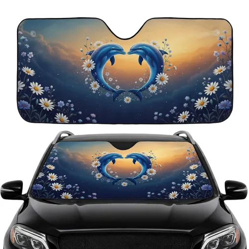 Blue Dolphins Nose-to-Nose Daisies Wildflowers Twilight Sunset Sky - Wildlife Lover Gift Car Sunshade