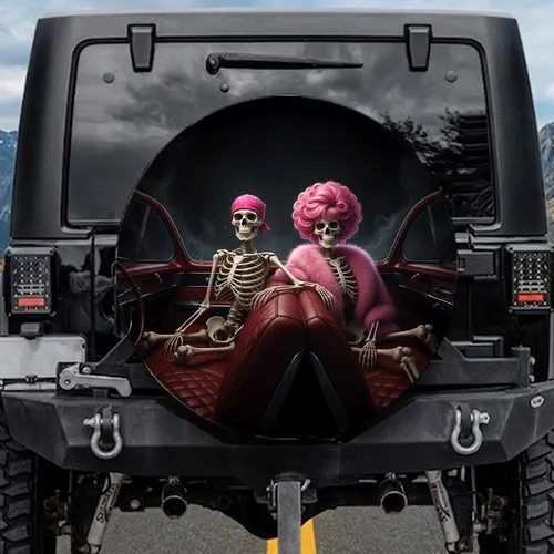 Skeletons Pink Wig Fur Stole Deep Red Vintage Car - Classic Car Lover Gift Spare Tire Cover