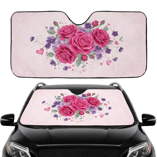 Vibrant Pink Roses Purple Flowers Leafy Vines - Floral Lover Car Decor Gift Car Sunshade