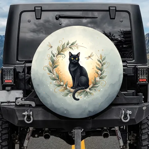 Black Cat Crescent Moon Night Sky - Cat Lover Decor Gift Spare Tire Cover