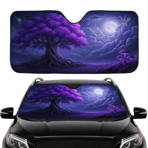Ancient Tree Full Moon Birds Mushrooms Night Sky - Fantasy Lover Gift Car Sunshade