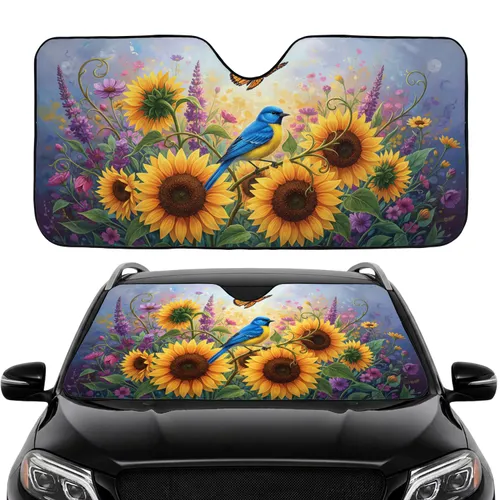 Sunflower Blue Bird Monarch Butterfly Wildflower - Wildlife Lover Decor Gift Car Sunshade