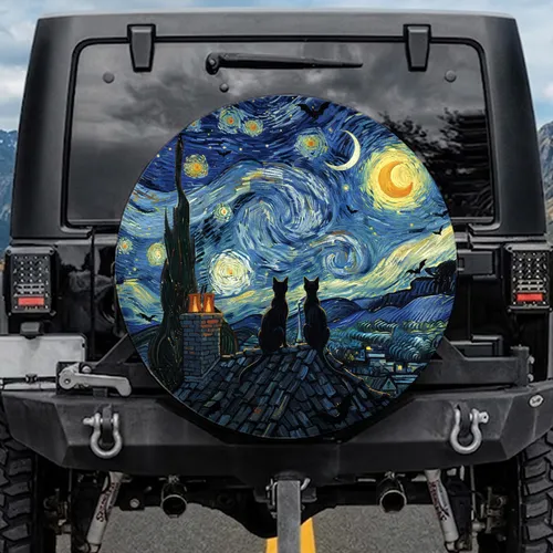 Black Cats Moon Rooftop Night Sky - Decor Gift for Cat Lover Spare Tire Cover