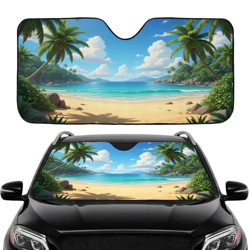 Tropical Beach Palm Tree Ocean View - Everyday Vehicle Decor Gift for Beach Lovers Car Sunshade