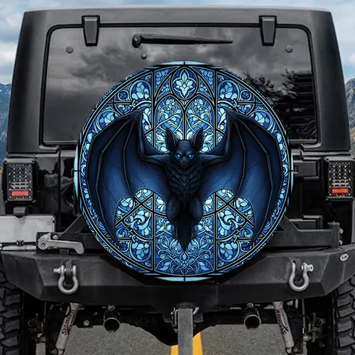 Black Bat Outstretched Wings Gothic Stained Glass - Decor Gift for Bat Lovers Spare Tire Cover