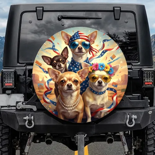 Five Chihuahuas American Flag Bandana Flower Crown - Independence Day Gift for Dog Lover Spare Tire Cover