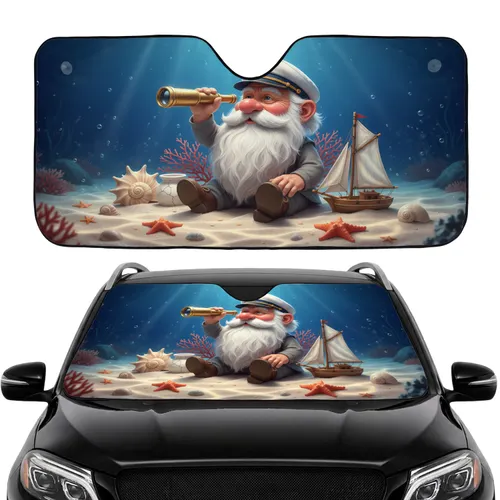 Fluffy Gnome Sailor Hat Telescope Seashells Starfish - Ocean Lover Decor Gift Car Sunshade
