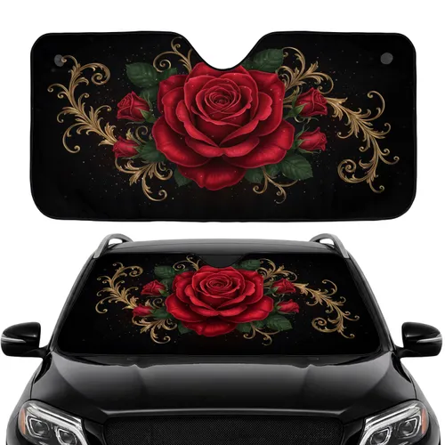 Crimson Red Rose Golden Filigree Green Leaves Star Specks – Rose Lover Decor Gift Car Sunshade