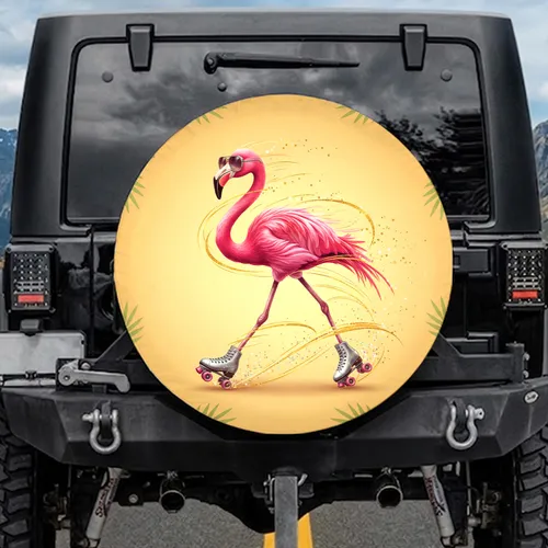 Pink Flamingo Retro Sunglasses Roller Skates Glitter Foliage - Tropical Travel Gift Spare Tire Cover