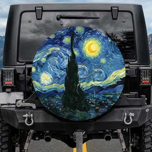 Dark Cypress Tree Swirling Night Sky Crescent Moon Stars Village - Star Gazer Gift Spare Tire Cover