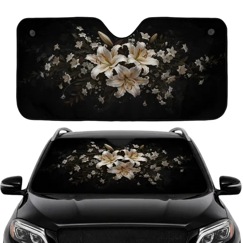 Realistic White Beige Lily Floral Dark Foliage Black Textured Background Car Sunshade