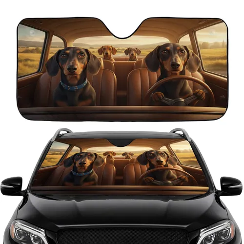 Adorable Dachshunds Road Trip Steering Wheel Countryside - Dog Lover Travel Companion Car Sunshade