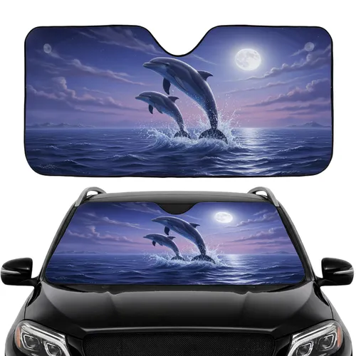 Dolphins Leaping Ocean Stars Full Moon - Sea Life Lover Gift Car Sunshade