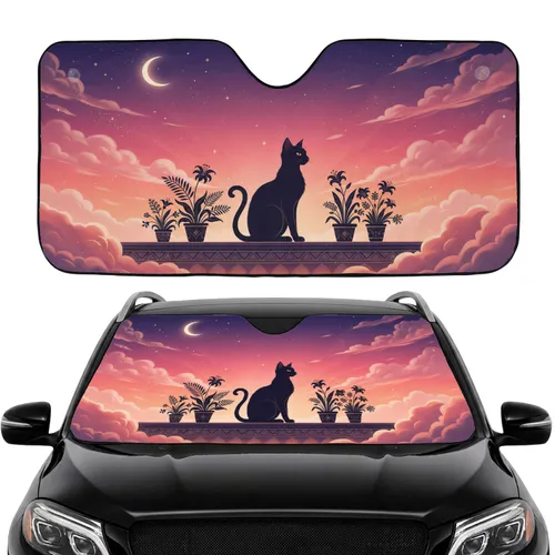Regal Black Cat Celestial Twilight Crescent Moon Stars - Serene Decor Gift for Cat Lovers Car Sunshade