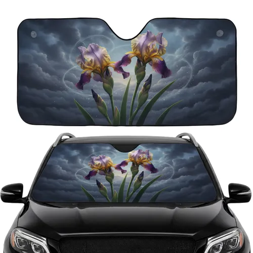 Purple Golden Iris Dewdrop Flowers Swirling Sky - Nature Lover Gift Car Sunshade