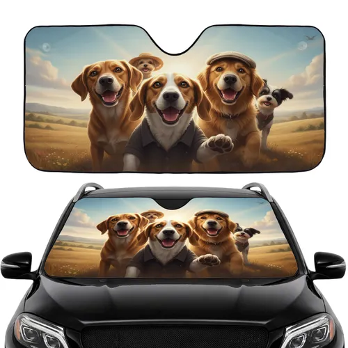 Five Happy Expressive Dogs Sun-Drenched Rolling Hills Landscape - Pet Lover Gift Car Sunshade