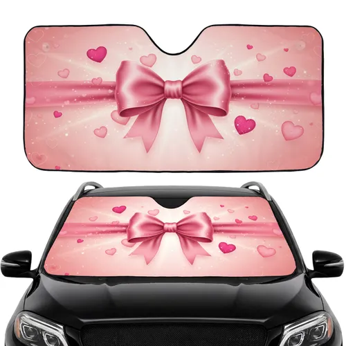 Pink Ribbon Bow Floating Hearts Glitter - Daily Driving Accessory Car Sunshade