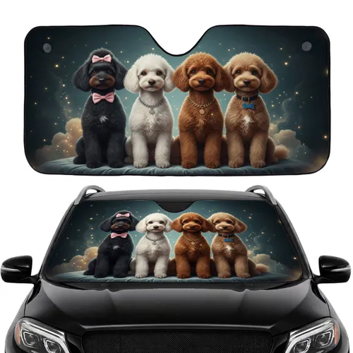 Black White Caramel Poodles Bows & Collars Teal Charcoal Background - Pet Lover Car Decor Gift Car Sunshade