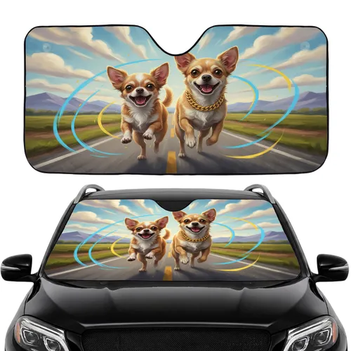 Expressive Smiling Chihuahuas Gold Chain Open Road Drive - Sun-Drenched Travel Dog Lover Gift Car Sunshade