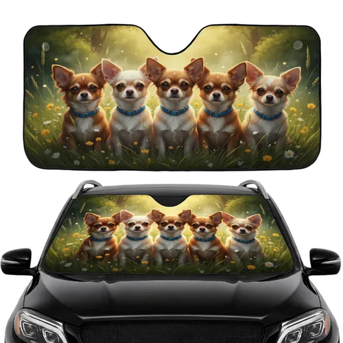 Six Chihuahuas Wildflower Meadow Botanical - Dog Lover Car Accessory Gift Car Sunshade