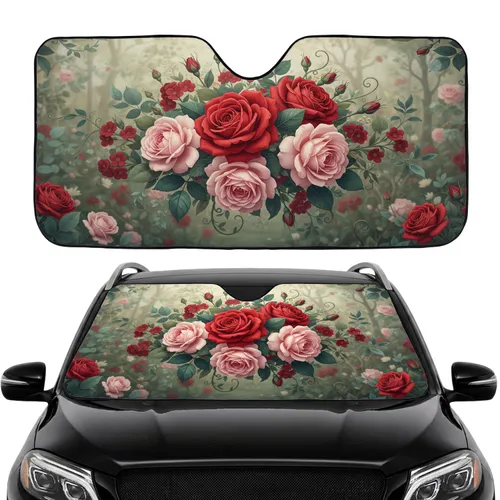 Red Pink Roses Green Teal Leaves Botanical Garden Floral Clusters - Everyday Car Accessory Car Sunshade