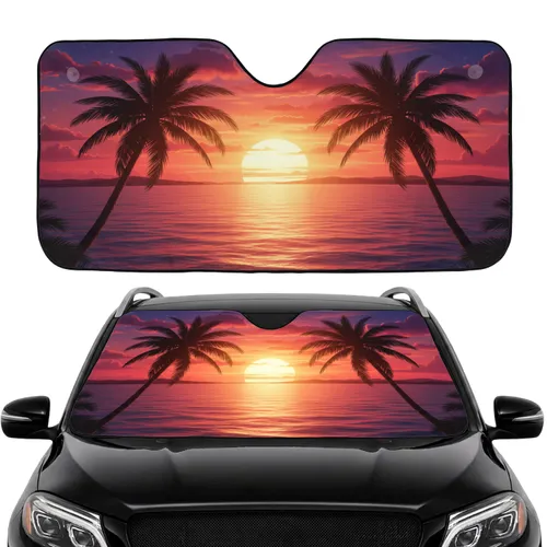Setting Sun Ocean Palm Trees Tropical Scene Car Sunshade