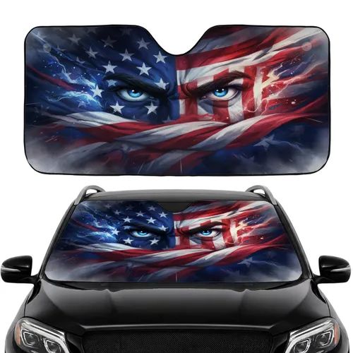 Powerful Fierce Blue Eyes Dynamic American Flag Swirls - Independence Day Gift Car Sunshade