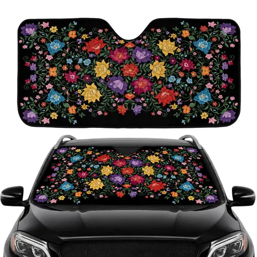 Vibrant Floral Tapestry with Stylized Flowers and Green Vines - Everyday Driving Car Sunshade