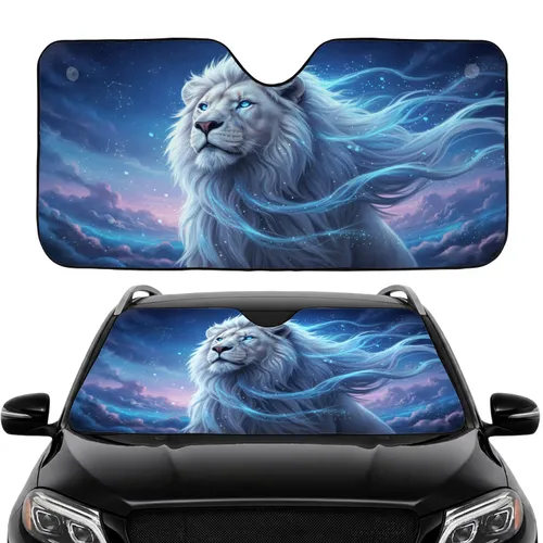 Majestic White Lion Glowing Mane Cosmic Twilight Nebula Sky - Fantasy Lover Gift Car Sunshade