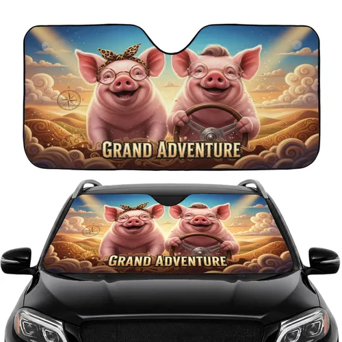 Spectacled Pink Pigs Driving Car Adventure Travel Essentials - Pig Lover Gift Car Sunshade