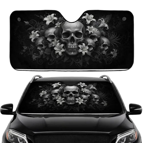 Human Skulls White Flowers Botanical Vines - Gothic Decor Gift for Dark Art Lovers Car Sunshade