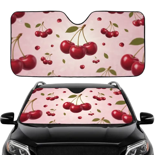 Glossy Ripe Red Cherries Green Leaves - Decor Gift for Fruit Lover Car Sunshade