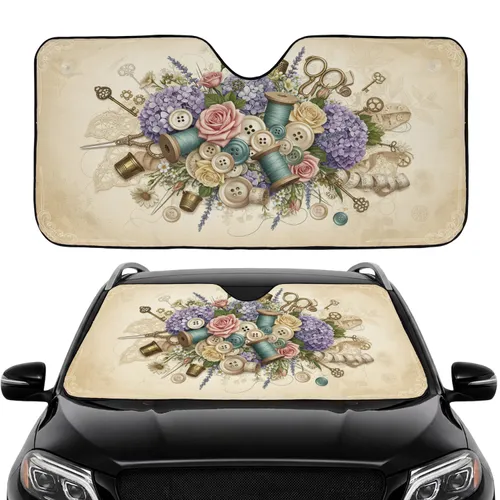 Vintage Sewing Spools Buttons Roses Hydrangeas - Craft Lover Decor Gift Car Sunshade